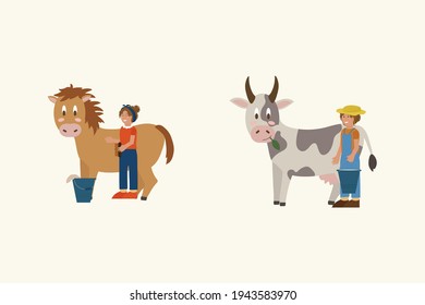 Vector set of farm animals in cartoon style. Children's picture with livestock and girls. A man takes care of a cow and a horse.