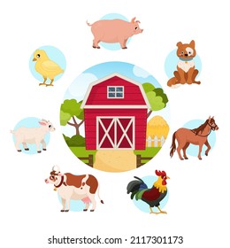 Vector set of farm animals. Cartoon illustrations of cute pets. Farm vector background.
