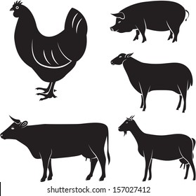 Vector Set Of Farm Animals Chicken, Cow, Sheep, Goat, Pig