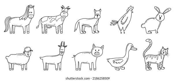 Conjunto de vectores de animales de granja. Animales de granja, gato, perro, caballo, cerdo, vaca, cabra. Ilustración vectorial. Estilo Doodle.