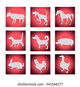 Vector set of farm animals. Dog, cat, cow, horse, pig, goose, rabbit, rooster.