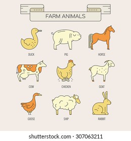 Vector set of farm animals drawn in modern linear style with names. Livestock collection. Animal symbols.
