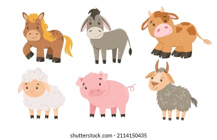 Vector set with farm animals in flat style. Vector illustration for children, hand drawn animals isolated on white background.