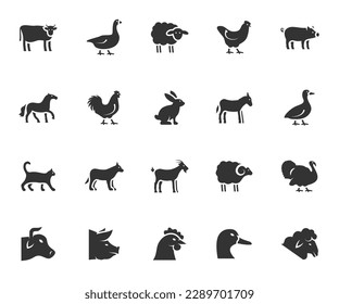 Vektorset von Nutztieren flache Symbole. Enthält Symbole wie Kuh, Pferd, Ziege, Gans, Esel, Hahn, Schwein, Ente und mehr. Pixel perfekt.