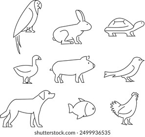 Vector set of farm animals flat icons. Contains icons cow, horse, goat, goose, donkey, rooster, pig, duck and more. Pixel perfect. simple vector icons with transparent background.