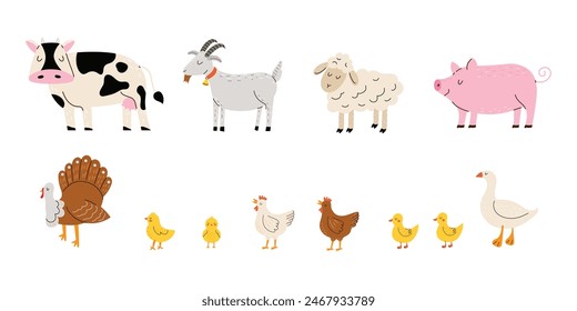 Vector set of farm animals. Goose, chicken, turkey, pig, cow, goat, sheep. White isolated background. 