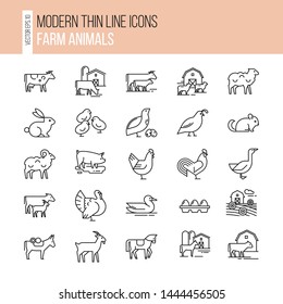 Vector set of farm animals icon set. Collection of illustrations in line style, well-drawn and isolated on white background.