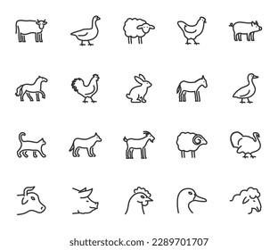 Conjunto de vectores de iconos de línea de animales de granja. Contiene íconos de vaca, caballo, cabra, ganso, burro, gallo, cerdo, pato y más. Pixel perfecto.