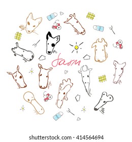 Vector set of farm animals made in cartoon style. Bull, cow, mouse, pig, sheep, horse, goat, duck, donkey, swine and other mammals. Each animal isolated and easy to use.