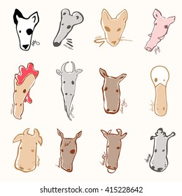 Vector set of farm animals made in cartoon style. Bull, cow, mouse, pig, sheep, horse, goat, duck, donkey, swine and other mammals. Each animal isolated and easy to use.