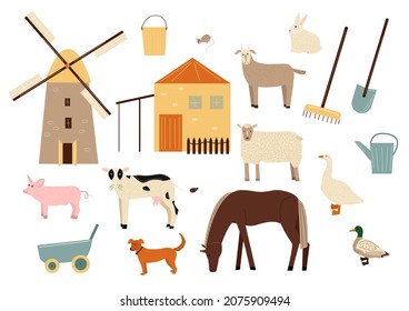 Vector set of farm animals, mill and barn working tools. Country cow, ram, goat, pig, duck, goose, rabbit. Agricultural animals in flat cartoon style isolated on white background