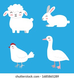 Vector set of farm animals on a blue background. Sheep, rabbit, chicken and goose. Cute animals.