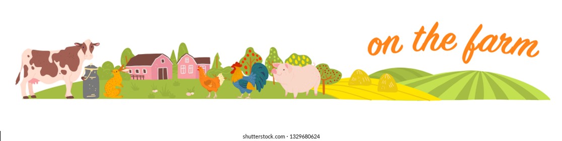 Vector set of farm animals: pig, chicken, cow, rabbit with cozy village landscape, house, garden, fields. White background. Flat hand drawn style. For label, banner, logo, book, alphabet illustration.