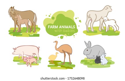 Vector set of farm animals. Pig, sheep, horse, rabbit, ostrich, mother and baby. Flat design.