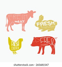 Vector set of farm animals. Retro-style illustrations. Typography poster