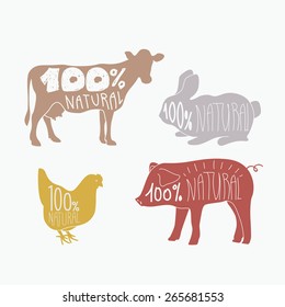 Vector set of farm animals. Retro-style illustrations. Typography poster