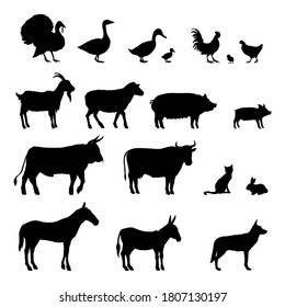 Vector Set of Farm Animals Silhouettes. Collection of Rustic Pets Black Icons