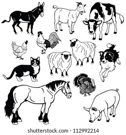 vector set of  farm animals,black and white pictures isolated on white background