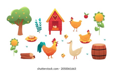 Vector set farm birds isolated on white background. Chicken, rooster, goose, nest with eggs.