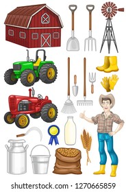vector set of farm buildings, farmers,  plants, and equipment isolated on white background vector illustration