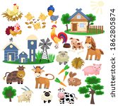 A vector set with farm cute animals, houses and plants. Vector illustration in a flat style for children’s books, magazines, brochures, apparel, stationery. 