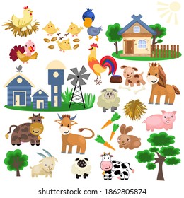 A vector set with farm cute animals, houses and plants. Vector illustration in a flat style for children’s books, magazines, brochures, apparel, stationery. 