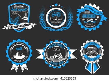 Vector set of farm fresh food. Farm badge collection.Set emblem for organic product, and farmer market logo. Farm labels and elements.