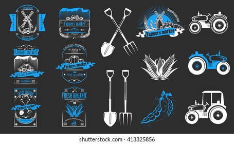 Vector set of farm fresh food. Farm badge collection.Set emblem for organic product, and farmer market logo. Farm labels and elements.