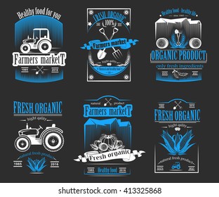 Vector set of farm fresh food. Farm badge collection.Set emblem for organic product, and farmer market logo. Farm labels and elements.