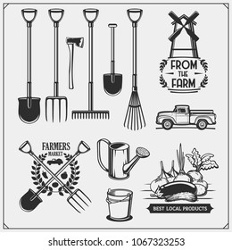 Vector set of farm and garden tools. Farmers market emblems.