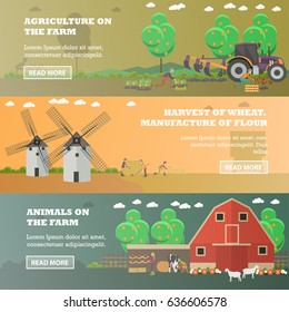 Vector set of farm horizontal banners. Agriculture on the farm, Harvest of wheat. Manufacture of flour and Animals on the farm flat style design elements.