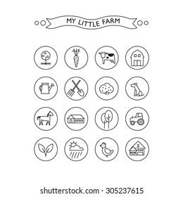 Vector set of farm icon. Modern linear style. Agricultural products, animals and tools.
