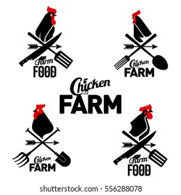 Vector set farm logo with a rooster and a farmer's tools. Vector illustration. Web banners, advertisements, brochures, business templates. Isolated on a white background.