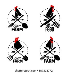 Vector set farm logo with a rooster and a farmer's tools. Vector illustration. Farm food, chicken farm. Web banners, advertisements, brochures, business templates. Isolated on a white background.