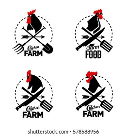 Vector set farm logo with a rooster and a farmer's tools. Vector illustration. Farm food, chicken farm. Web banners, advertisements, brochures, business templates. Isolated on a white background.