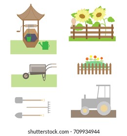 Vector set of farm objects and garden tools elements isolated on white background for decoration.