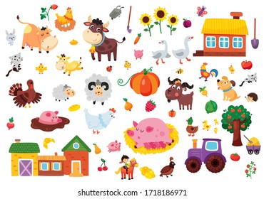 vector set of farm related objects, animals, houses, fruit and vegetables