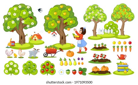 Vector set of farm, vegetable garden, vegetables, fruits, beds, crops, seedlings, farm animals. Farmer, girls work in the garden, harvests. Flat cartoon vector illustration for children's, farm set.