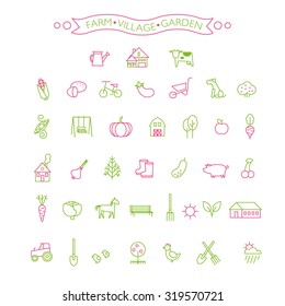 Vector set of farm, village, garden icons. Linear style of symbols. Agricultural products, animals and tools: cow, hen, apple, pumpkin, horse, tractor, house, swing, trees, chickens, pig, gumboots...