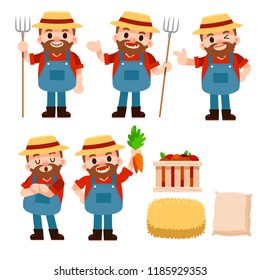 Vector set of farmer characters in different actions with some objects