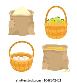 Vector set of farmer element in cartoon style isolated on white. Farming product - egg, flour, apple and wheat used for magazine, book, poster, card.