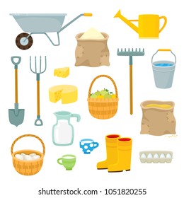 Vector set of farmer element in cartoon style isolated on white. Farming stuff and product used for magazine, book, poster, card.