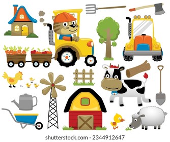 Conjunto de vectores de elementos agrícolas, dibujos animados de animales de granja