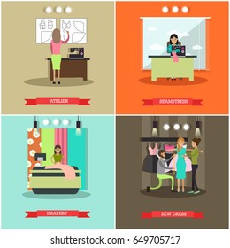 Vector set of fashion atelier posters. Atelier, Seamstress, Drapery, Sew dress concept design elements in flat style.
