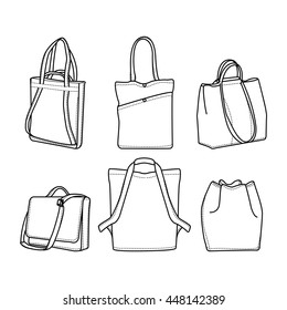 Vector set of Fashion bags. Hand drawn fashionable bags vector illustration on a white background. 