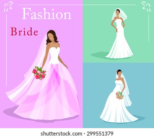 Vector set of a fashion beautiful brides in white wedding dresses with a bouquets. EPS 10