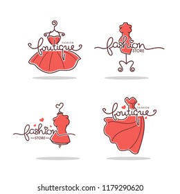 vector set of Fashion Boutique and store logo, label, emblems with doodle line art dresses and lettering composition