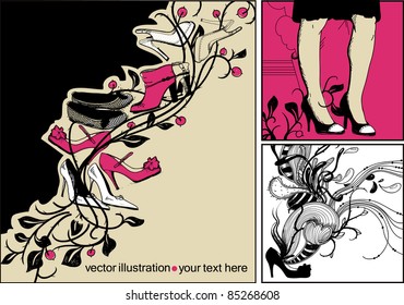 vector set of fashion cards with trendy shoes,boots,ballets and abstract plants and berries