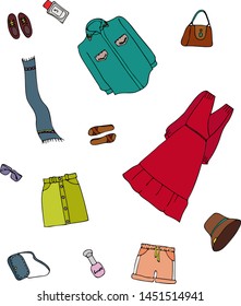 Vector set of fashion clothes for woman: shirt, jacket, skirt, pants, shoes, bag. Векторная графика