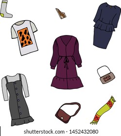 Vector set of fashion clothes for woman: shirt, jacket, skirt, pants, shoes, bag.